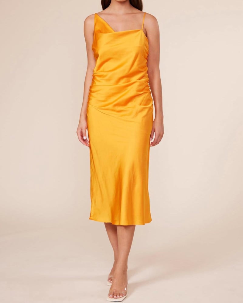 Front of a model wearing a size L Pierre Gathered Dress In Tangerine in Tangerine by Lucy Paris. | dia_product_style_image_id:346737